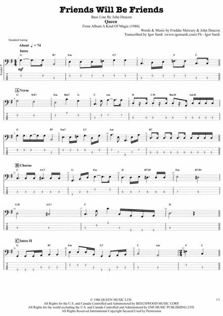 Queen Friends Will Be Friends Accurate Bass Transcription Whit Tab Sheet Music
