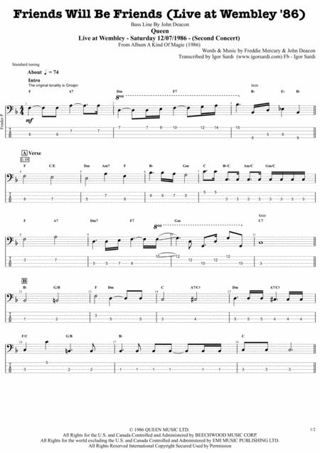 Queen Friends Will Be Friends Live At Wembley 86 Complete And Accurate Bass Transcription Whit Tab Sheet Music
