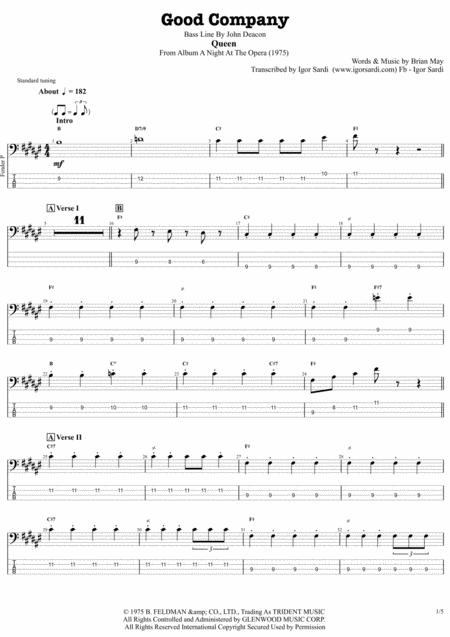 Queen Good Company Accurate Bass Transcription Whit Tab Sheet Music