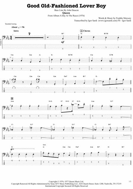 Queen Good Old Fashioned Lover Boy Accurate Bass Transcription Whit Tab Sheet Music