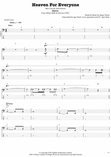 Free Sheet Music Queen Heaven For Everyone Accurate Bass Transcription Whit Tab