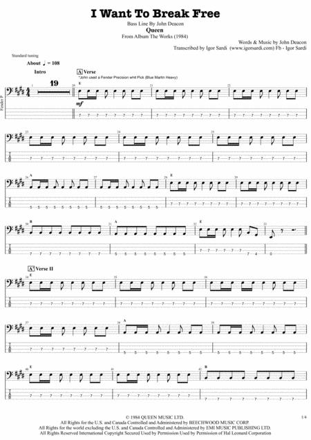 Queen I Want To Break Free Accurate Bass Transcription Whit Tab Sheet Music