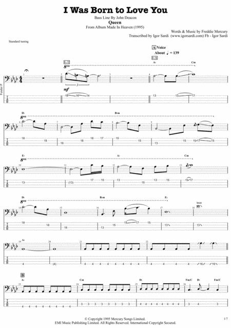 Queen I Was Born To Love You Accurate Bass Transcription Whit Tab Sheet Music