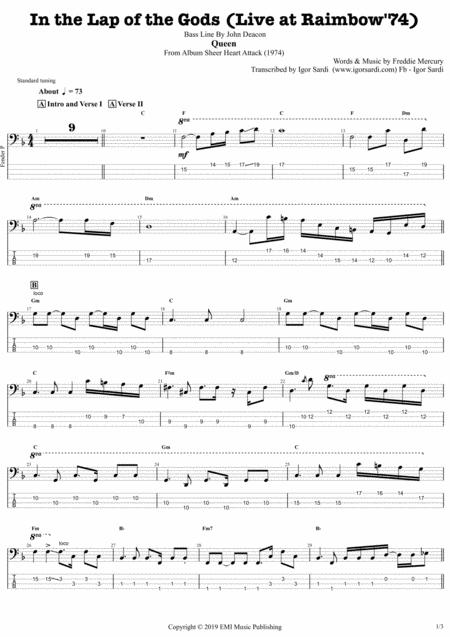 Queen In The Lap Of The Gods Live At Rainbow 74 Accurate Bass Transcription Whit Small Solo Whit Tab Sheet Music