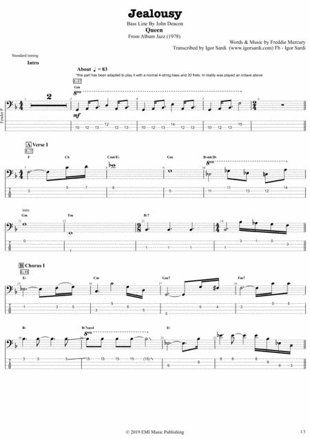 Free Sheet Music Queen Jealousy Complete And Accurate Bass Transcription Whit Tab