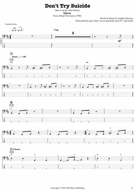 Free Sheet Music Queen John Deacon Dont Try Suicide Complete And Accurate Bass Transcription Whit Tab