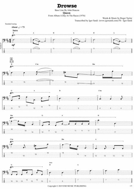 Free Sheet Music Queen John Deacon Drowse Complete And Accurate Bass Transcription Whit Tab