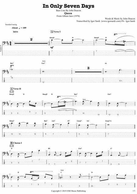 Queen John Deacon In Only Seven Days Complete And Accurate Bass Transcription Whit Tab Sheet Music