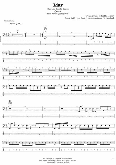 Free Sheet Music Queen John Deacon Liar Complete And Accurate Bass Transcription Whit Tab