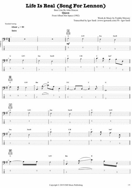 Queen John Deacon Life Is Real Song For Lennon Complete And Accurate Bass Transcription Whit Tab Sheet Music