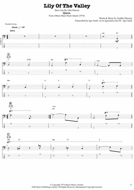 Queen John Deacon Lily Of The Valley Complete And Accurate Bass Transcription Whit Tab Sheet Music