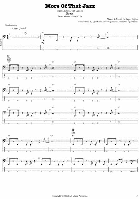 Free Sheet Music Queen John Deacon More Of That Jazz Complete And Accurate Bass Transcription Whit Tab