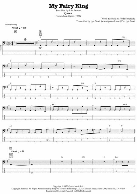 Queen John Deacon My Fairy King Complete And Accurate Bass Transcription Whit Tab Sheet Music