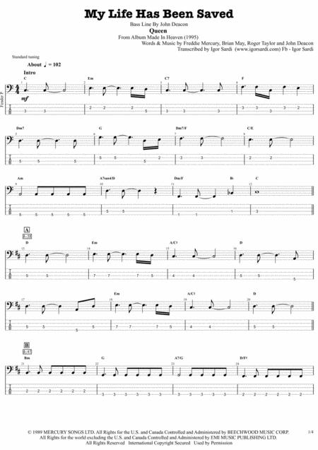 Queen John Deacon My Life Has Been Saved Complete And Accurate Bass Transcription Whit Tab Sheet Music