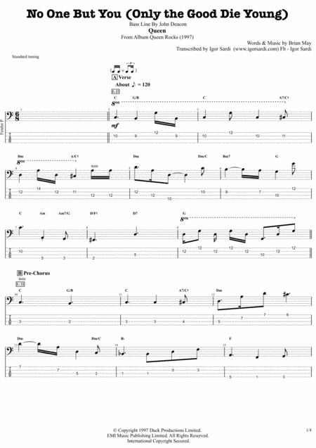 Queen John Deacon No One But You Complete And Accurate Bass Transcription Whit Tab Sheet Music