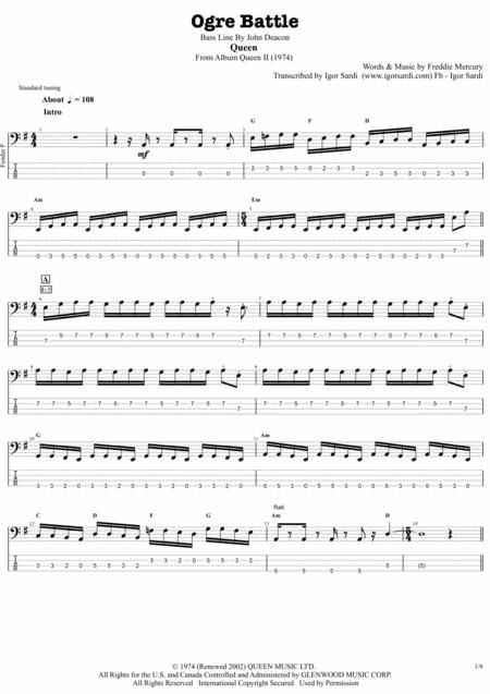 Queen John Deacon Ogre Battle Complete And Accurate Bass Transcription Whit Tab Sheet Music