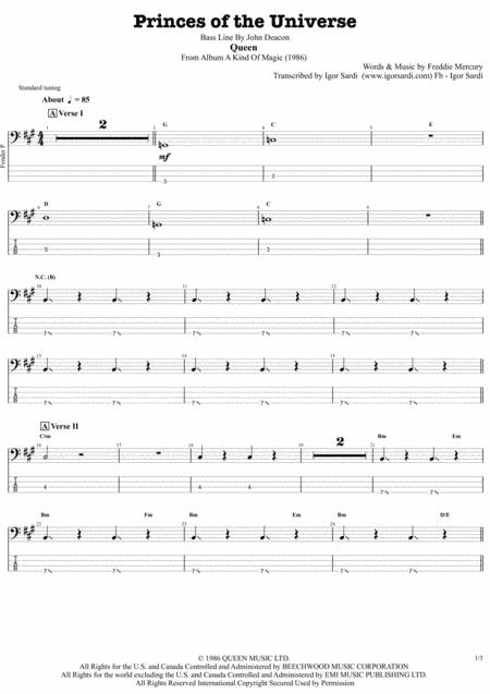 Queen John Deacon Princes Of The Universe Complete And Accurate Bass Transcription Whit Tab Sheet Music