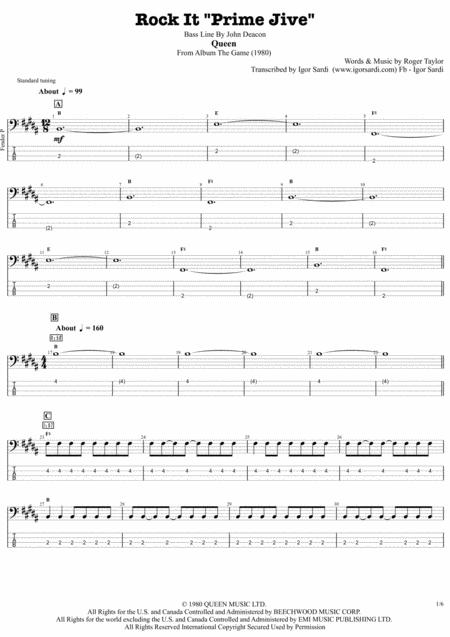 Queen John Deacon Rock It Prime Jive Complete And Accurate Bass Transcription Whit Tab Sheet Music