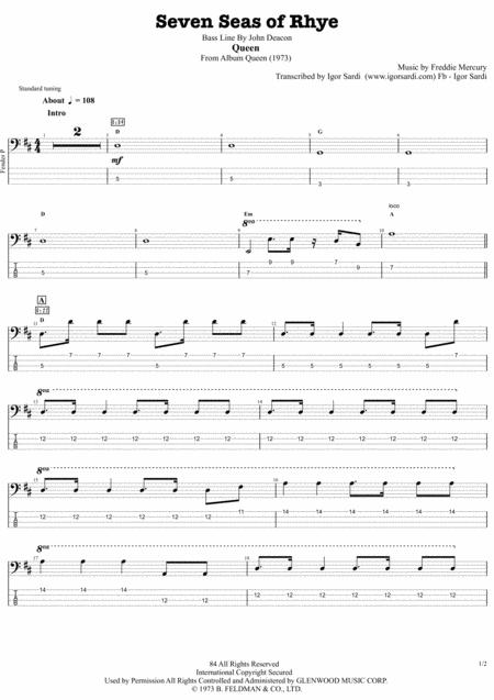 Queen John Deacon Seven Seas Of Rhye From Album Queen I Accurate Bass Transcription Whit Tab Sheet Music