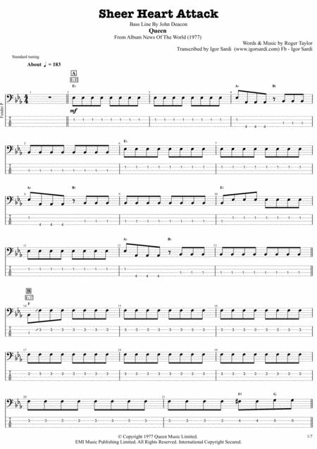 Queen John Deacon Sheer Heart Attack Complete And Accurate Bass Transcription Whit Tab Sheet Music