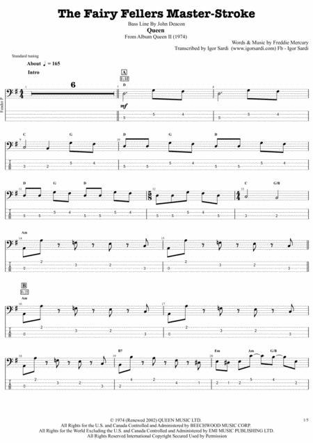 Queen John Deacon The Fairy Fellers Master Stroke Complete And Accurate Bass Transcription Whit Tab Sheet Music