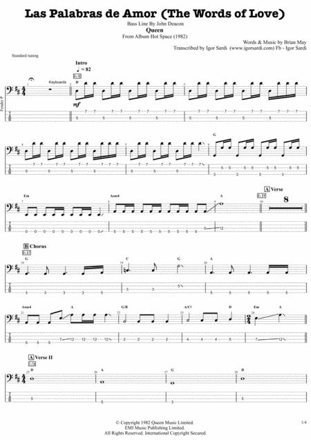 Queen Las Palabras De Amor Accurate Bass Transcription Whit Tab Sheet Music