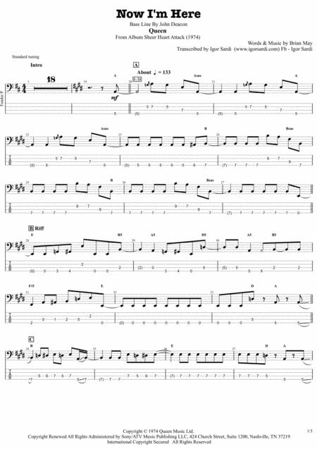 Queen Now I M Here Accurate Bass Transcription Whit Tab Sheet Music