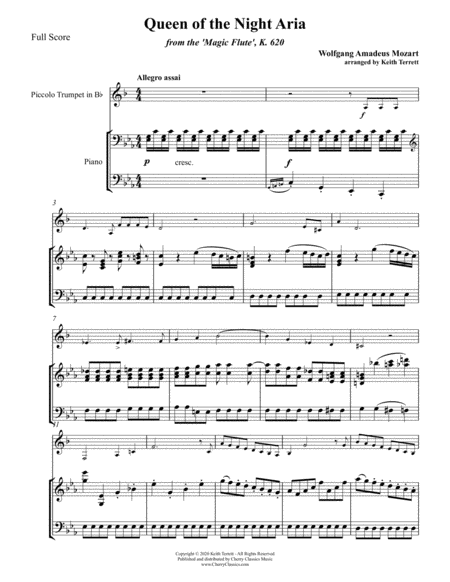 Free Sheet Music Queen Of The Night Aria From The Magic Flute For Piccolo Trumpet And Piano