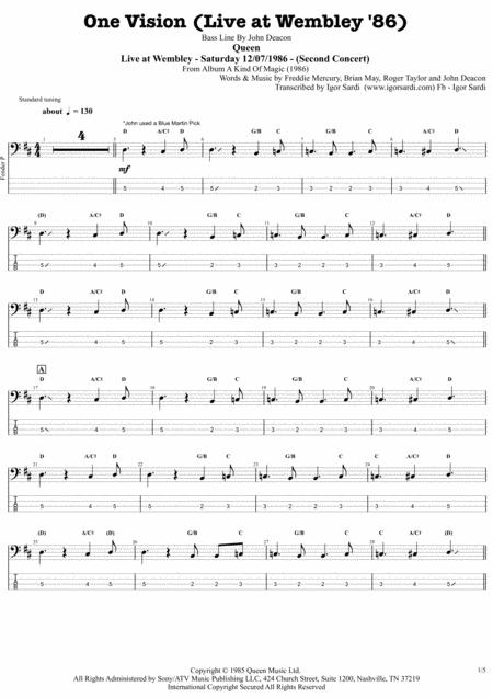 Free Sheet Music Queen One Vision Live At Wembley 86 Accurate Bass Transcription Whit Tab