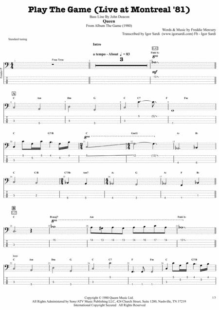 Queen Play The Game Live In Montreal 81 Complete And Accurate Bass Transcription Whit Tab Sheet Music