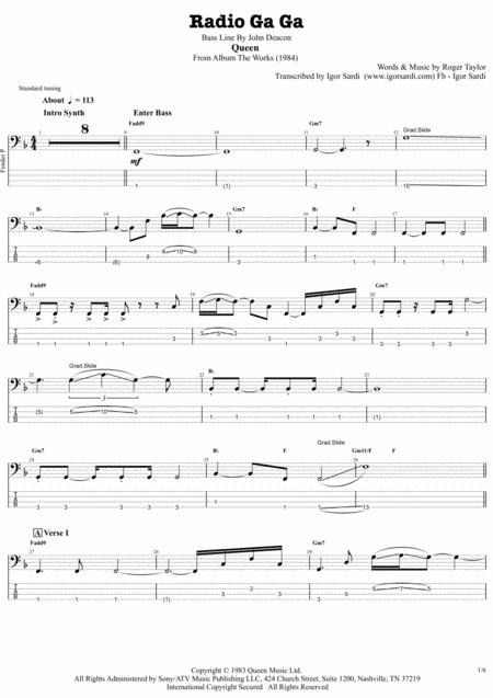 Queen Radio Ga Ga Accurate Bass Transcription Whit Tab Sheet Music