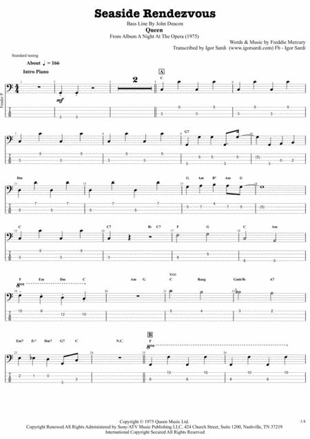 Queen Seaside Rendezvous Accurate Bass Transcription Whit Tab Sheet Music