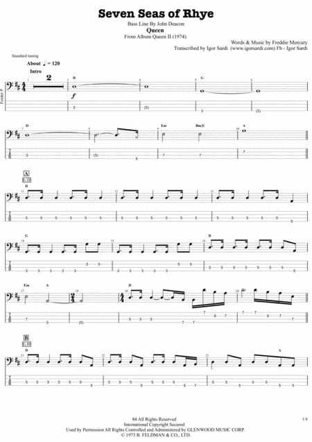 Queen Seven Seas Of Rhye From Album Queen Ii Accurate Bass Transcription Whit Tab Sheet Music