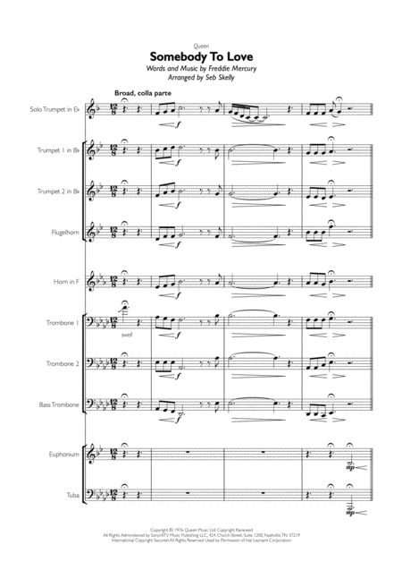 Queen Somebody To Love For Brass Ensemble Sheet Music