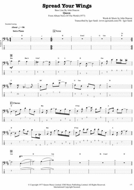 Queen Spread Your Wings Accurate Bass Transcription Whit Tab Sheet Music