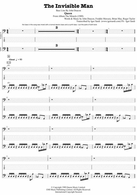 Queen The Invisible Man Complete And Accurate Bass And Synth Bass Transcription Sheet Music