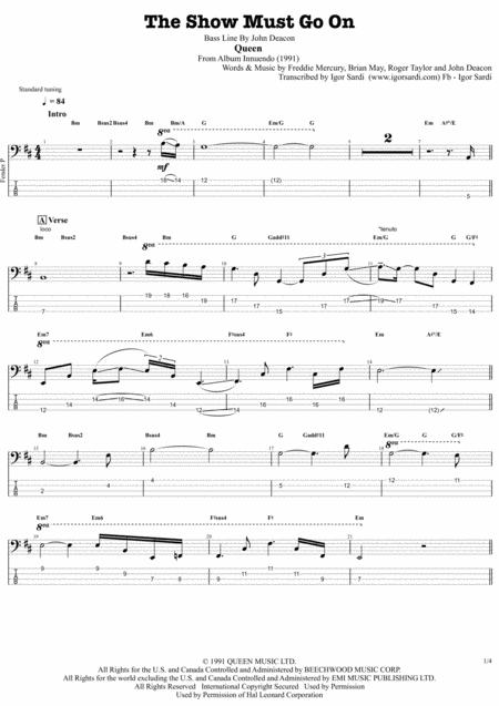 Free Sheet Music Queen The Show Must Go On Complete And Accurate Bass Transcription Whit Tab