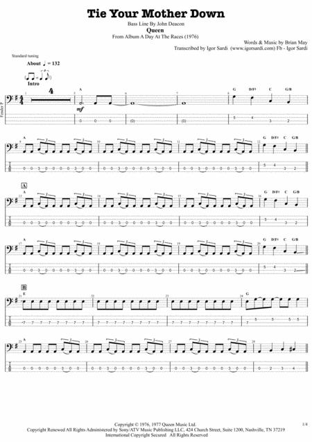 Queen Tie Your Mother Down Complete And Accurate Bass Transcription Whit Tab Sheet Music