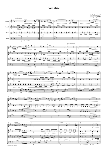 Rachmaninoff Vocalise For String Quartet Cr201 Sheet Music