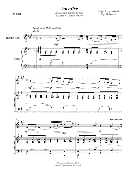 Rachmaninoff Vocalise For Trumpet Piano Sheet Music