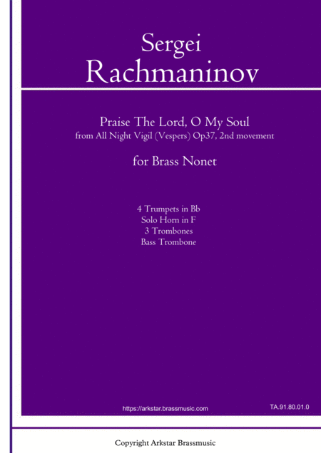 Rachmaninov Praise The Lord O My Soul For Brass Nonet From All Night Vigil Vespers 2nd Movement Sheet Music