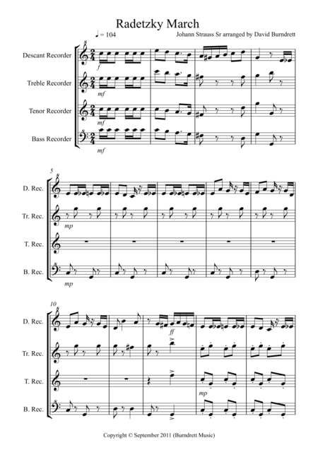Free Sheet Music Radetzky March For Recorder Quartet