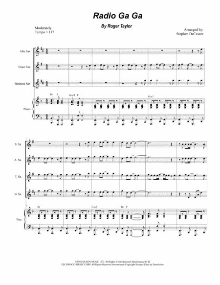 Radio Ga Ga For Saxophone Quartet And Piano Sheet Music