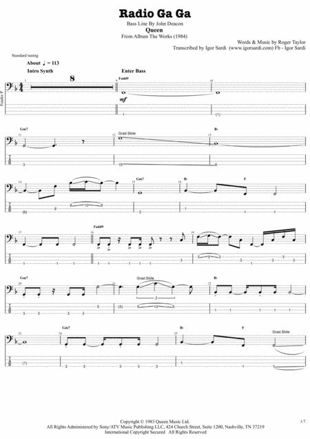 Free Sheet Music Radio Ga Ga Queen John Deacon Complete And Accurate Bass Transcription Whit Tab