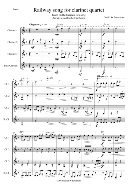 Free Sheet Music Railway Song Auf De Schwb Sche Eisebahne For Clarinet Quartet