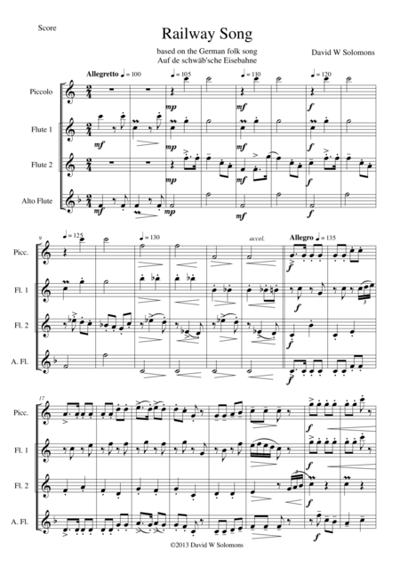 Free Sheet Music Railway Song Auf De Schwb Sche Eisebahne For Piccolo 2 Flutes Alto Flute