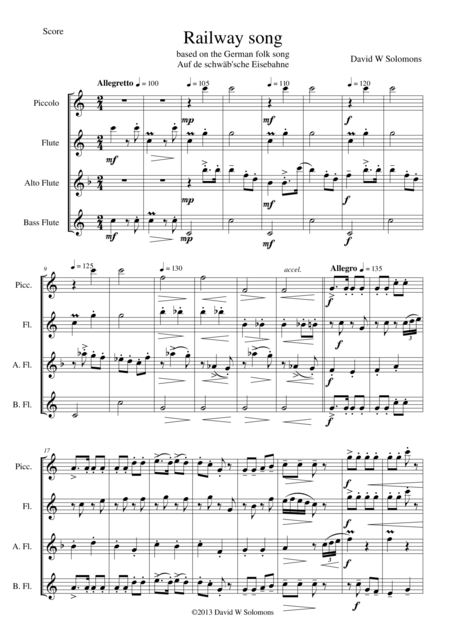 Railway Song Auf De Schwb Sche Eisebahne For Piccolo Flute Alto Flute And Bass Flute Sheet Music