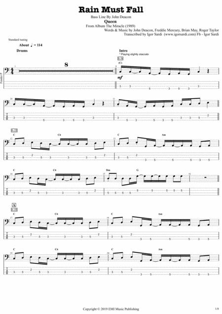 Rain Must Fall Queen John Deacon Complete And Accurate Bass Transcription Whit Tab Sheet Music