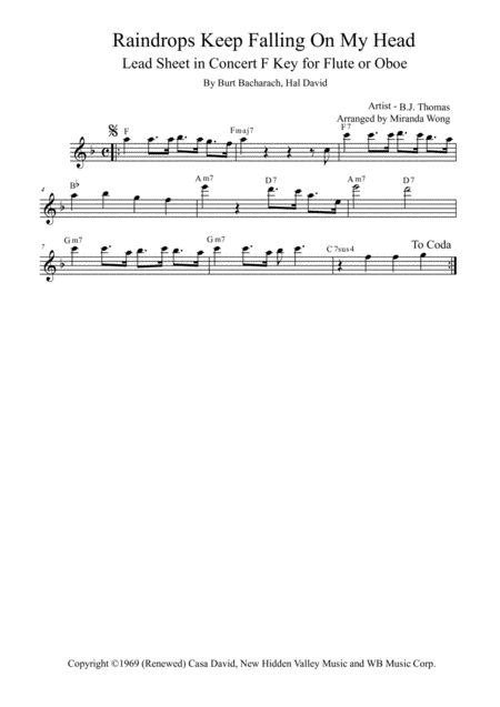 Free Sheet Music Raindrops Keep Fallin On My Head Flute Or Oboe Solo In Published F Key With Chords