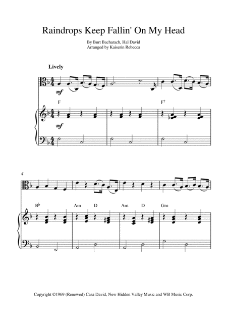 Raindrops Keep Fallin On My Head Viola Solo And Piano Accompaniment With Chords Sheet Music